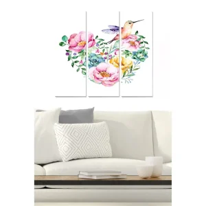 Canvastavla i trä 3-delar 50x70 cm - Färgrik bukett av blommor med en kolibri - Inredning & dekor Bästa pris