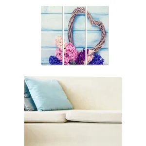 Canvastavla i trä 3-delar 50x70 cm - Hjärtformad krans av grenar med färgglada blommor i rosa och lila nyanser - Inredning & dekor Köp nu