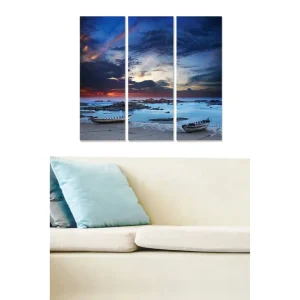Canvastavla i trä 3-delar 50x70 cm - Stämningsfull havslandskap med båtar vid solnedgång - Inredning & dekor risnedsättning