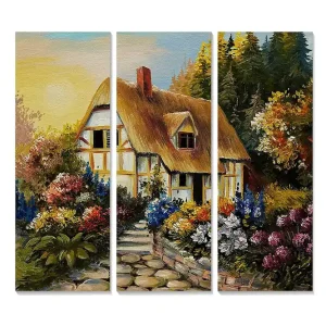 Canvastavla i trä 3-delar 50x70 cm - Charmigt hus omgiven av blomstrande trädgård - Inredning & dekor Begränsat antal
