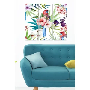 Billigare Canvastavla i trä 3-delar 50x70 cm - Färgglad papegoja omgiven av tropiska blommor och blad - Inredning & dekor