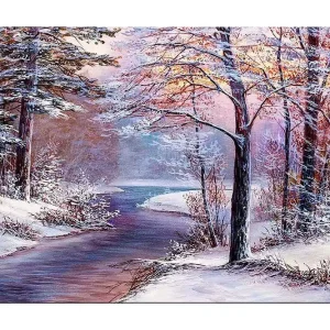 Canvastavla 70x100 cm - Vinterlandskap med snöklädda träd och en spegelblanka flod - Inredning & dekor I lager