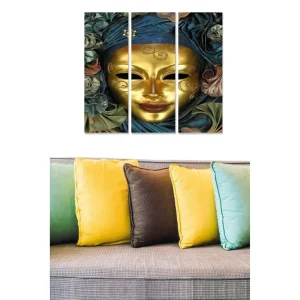 Canvastavla i trä 3-delar 50x70 cm - Guldmask omgiven av färgglada textilier och blommor - Inredning & dekor risnedsättning