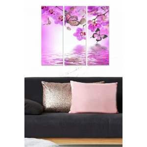 Canvastavla i trä 3-delar 50x70 cm - Vacker komposition av fjärilar och orkidéer i rosa nyanser - Inredning & dekor Premium