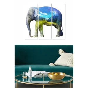 Canvastavla i trä 3-delar 50x70 cm - Elefant med landskapsmotiv i blått och grönt - Inredning & dekor Begränsad tid