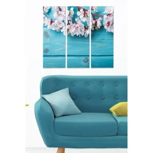 Canvastavla i trä 3-delar 50x70 cm - Blommande körsbärsgrenar mot en turkos bakgrund - Inredning & dekor I lager