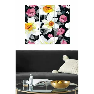 Canvastavla i trä 3-delar 50x70 cm - Färgrik blomsterkomposition med vita och rosa blommor - Inredning & dekor risnedsättning