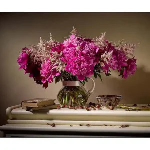 Canvastavla 70x100 cm - Vacker bukett med rosa pioner i en glasvas - Inredning & dekor Trygg betalning
