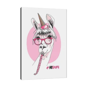 Canvastavla 70x100 cm - Söt lama med unicorn-horn och glasögon som håller i en godiskäpp - Inredning & dekor Snabb frakt