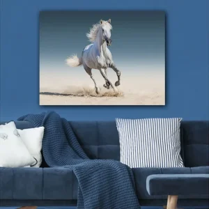 Canvastavla 70x100 cm - Vit häst som galopperar genom en sandig miljö - Inredning & dekor Populärt val