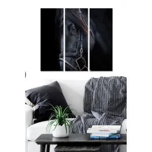 Canvastavla i trä 3-delar 50x70 cm - Svart hästporträtt med fokus på ögonen - Inredning & dekor Kampanjpris