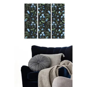 Canvastavla i trä 3-delar 50x70 cm - Blommönster med blå ärtor på svart bakgrund - Inredning & dekor Kampanj