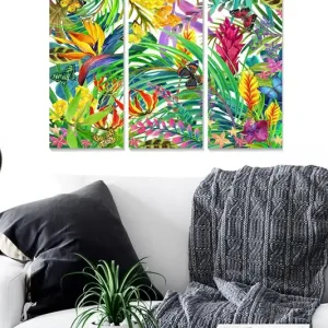 Canvastavla i trä 3-delar 50x70 cm - Färgrik tropisk växtlighet med fjärilar - Inredning & dekor risnedsättning