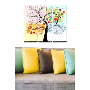Sänkt pris Canvastavla i trä 3-delar 50x70 cm - Färgglad trädkonst med blommor och löv i olika säsonger - Inredning & dekor