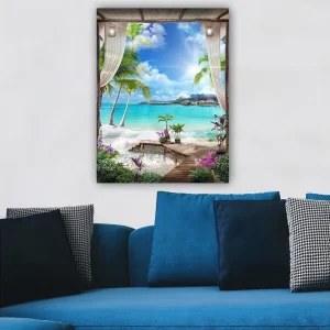 Canvastavla 70x100 cm - Tropisk strandutsikt med palmer, klart vatten och blommor i en avkopplande miljö - Inredning & dekor Beställ nu
