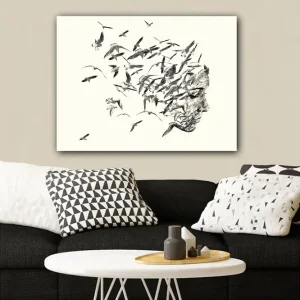 Canvastavla 70x100 cm - Stiliserad ansiktsprofil som smälter samman med flygande fåglar - Inredning & dekor Billig