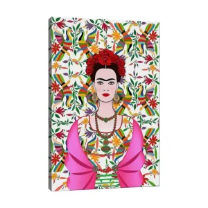 Sänkt pris Canvastavla 70x100 cm - Färgstark porträtt av en kvinna med traditionell mexikansk klädsel och blommor i håret, omgiven av en livlig bakgrund med fåglar och blommor - Inredning & dekor