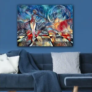 Snabb frakt Canvastavla 70x100 cm - Stiliserad kvinna som dansar på en färgglad väg med svängande former och mönster - Inredning & dekor