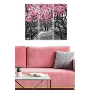 Canvastavla i trä 3-delar 50x70 cm - Blommande körsbärsträd i en svartvit parkmiljö - Inredning & dekor Säker betalning