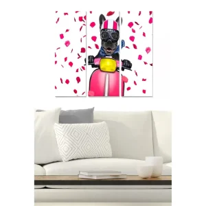 Canvastavla i trä 3-delar 50x70 cm - Hund på scooter omgiven av rosblad - Inredning & dekor Fynd