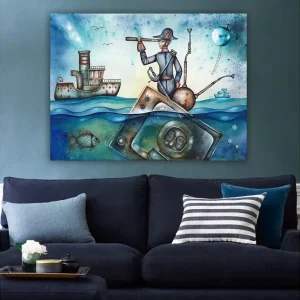 Bästa pris Canvastavla 70x100 cm - Sjöman som står på en båt och spanar med en kikare över havet, omgiven av olika maritima element - Inredning & dekor