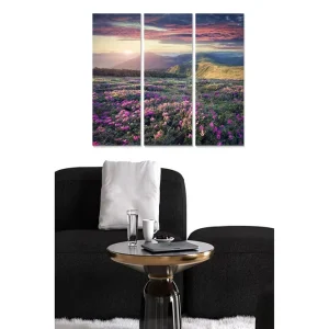 Canvastavla i trä 3-delar 50x70 cm - Vacker blomsteräng med färgglada blommor och fjärran berg i solnedgången - Inredning & dekor Fynd