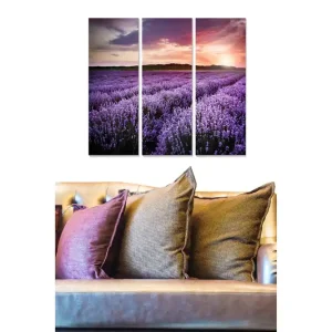 Canvastavla i trä 3-delar 50x70 cm - Lavendelfält under en färgsprakande solnedgång - Inredning & dekor Rabatter
