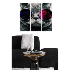 Canvastavla i trä 3-delar 50x70 cm - Grå katt med stora solglasögon som reflekterar en galax - Inredning & dekor Snabb leverans