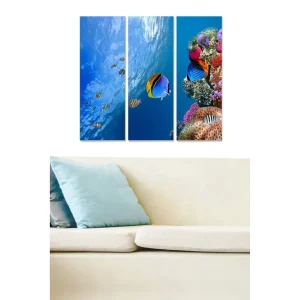 Canvastavla i trä 3-delar 50x70 cm - Färgglad undervattensscen med korallrev och tropiska fiskar - Inredning & dekor Bästa pris