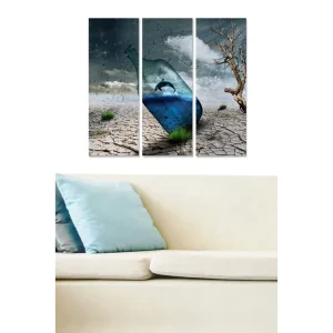 Canvastavla i trä 3-delar 50x70 cm - Flaska med en delfin i en surrealistisk ökenlandskap - Inredning & dekor Handla nu
