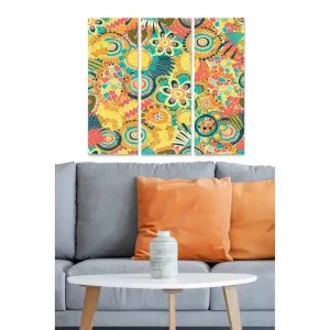 Canvastavla i trä 3-delar 50x70 cm - Färgglad abstrakt komposition med blommor och mönster - Inredning & dekor Rabatt