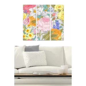 Canvastavla i trä 3-delar 50x70 cm - Färgrik blomsterkomposition med olika blommor och bladverk - Inredning & dekor Snabb frakt