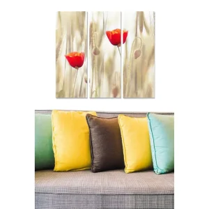 Canvastavla i trä 3-delar 50x70 cm - Röda vallmo i ett mjukt, gult och beige landskap - Inredning & dekor Expressleverans