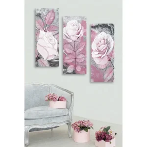 Utförsäljning Canvastavla i trä 3-delar 50x70 cm - Rosa blommor med detaljerade bladverk - Inredning & dekor