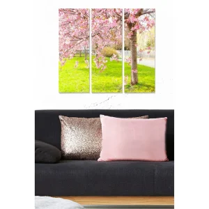 risnedsättning Canvastavla i trä 3-delar 50x70 cm - Blommande körsbärsträd i vårgrönska - Inredning & dekor