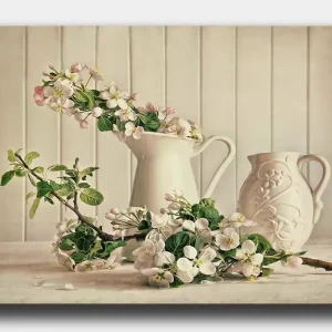 Canvastavla 70x100 cm - Blomsterarrangemang med vita kannor och grenar i en stillsam komposition - Inredning & dekor Reapris