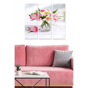 Sista chansen Canvastavla i trä 3-delar 50x70 cm - Färgrik bukett av blommor i en glasvas - Inredning & dekor