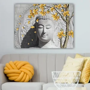 Säker betalning Canvastavla 70x100 cm - Stiliserad buddha med blommande grenar i gult - Inredning & dekor