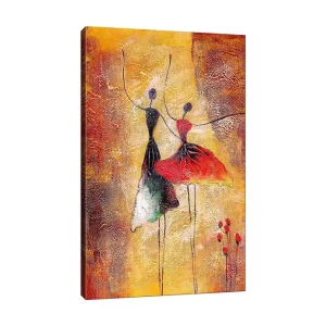 Beställ idag Canvastavla 70x100 cm - Två stiliserade dansare i färgglada klänningar som uttrycker rörelse och glädje - Inredning & dekor