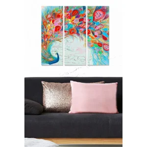 Bästa pris Canvastavla i trä 3-delar 50x70 cm - Färgglad fjäderdräkt av en påfågel som sprider sig i en dynamisk komposition - Inredning & dekor