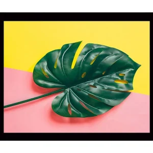 Begränsat erbjudande Inramad Canvastavla i trä - 41x56 cm - Grön monstera-blad mot en färgglad bakgrund - Inredning & dekor