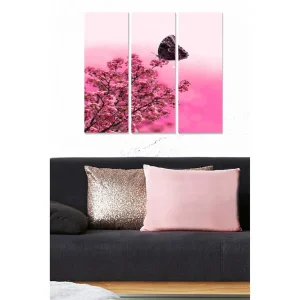 Canvastavla i trä 3-delar 50x70 cm - Vacker körsbärsblomma med en fjäril i rosa nyanser - Inredning & dekor Erbjudande