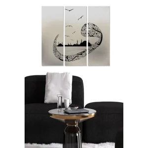 Canvastavla i trä 3-delar 50x70 cm - Abstrakt landskap med stiliserade fåglar och silhuetter av byggnader - Inredning & dekor Erbjudandepris