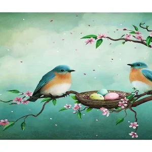 Canvastavla 70x100 cm - Två fåglar sitter på en gren bredvid ett bo med ägg, omgivna av blommor - Inredning & dekor Lågt pris