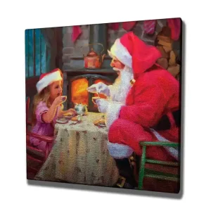 Beställ idag Canvastavla 45x45 cm - Julstämning med jultomte och barn som delar en kopp varm choklad - Inredning & dekor