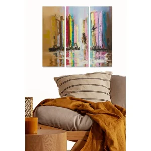 risnedsättning Canvastavla i trä 3-delar 50x70 cm - Stadssilhuett med reflektioner i vatten - Inredning & dekor