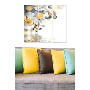 Billigare Canvastavla i trä 3-delar 50x70 cm - Svartvita fjärilar och gula rosor i en harmonisk komposition - Inredning & dekor