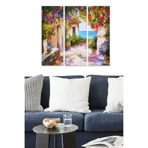 Canvastavla i trä 3-delar 50x70 cm - Vacker gränd med blommande växter och havsutsikt - Inredning & dekor Sänkt pris