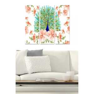 Sänkt pris Canvastavla i trä 3-delar 50x70 cm - Praktfull påfågel omgiven av blommor - Inredning & dekor