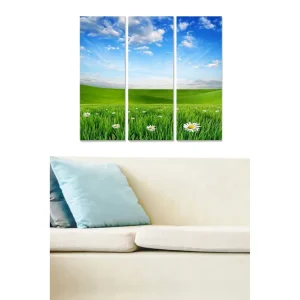 Utförsäljning Canvastavla i trä 3-delar 50x70 cm - Grön äng med vita blommor och blå himmel - Inredning & dekor